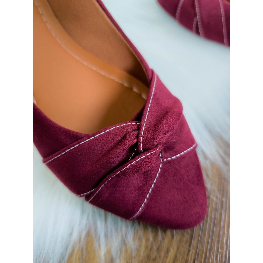 Sapatilha Feminina Confortável Bico Fino Vinho Suede Casual Trançada Macia Elegante — imagem 2 de 2