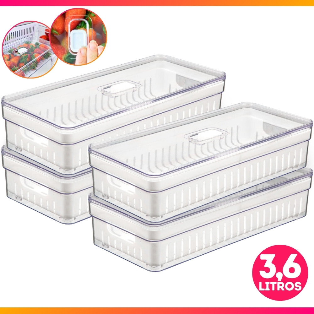 Kit 4 Organizador de Geladeira 3,6 Litros Cesto Com Tampa Multiuso Alimentos Verduras e Vegetais