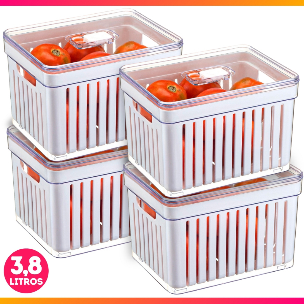 Kit 4 Organizador de Geladeira 3,8 Litros Cesto Com Tampa Multiuso Alimentos Verduras e Vegetais
