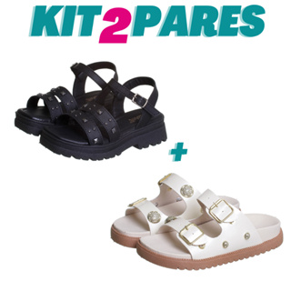 Kit 2 Pares Infantil Feminino Chinelo Fivela Off e Sandália Tratorada Preta Kidstep em Oferta na Shopee