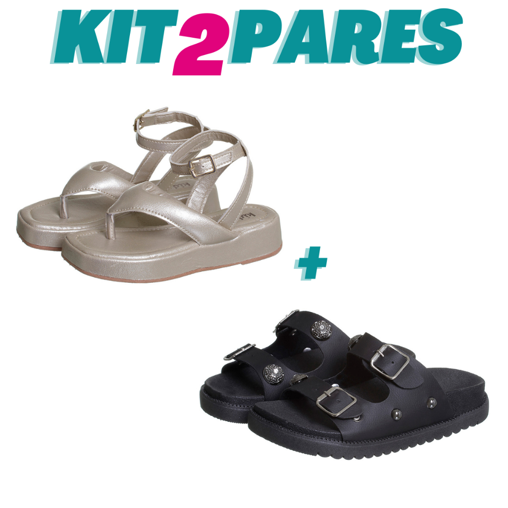 Kit 2 Pares Infantil Feminino Flat Dourada e Chinelo Fivela Preto Kidstep em Oferta na Shopee
