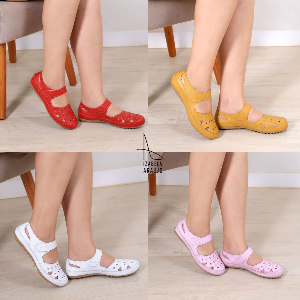 Sandália Feminina em Couro e Ajuste de Vélcro Confortável e Prática Para Seu Dia a Dia em Oferta na Shopee