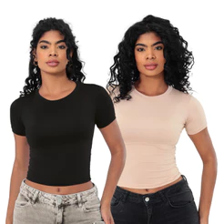 KIT 2: Baby Tee Feminina - Blusa Slim Fit Manga Curta