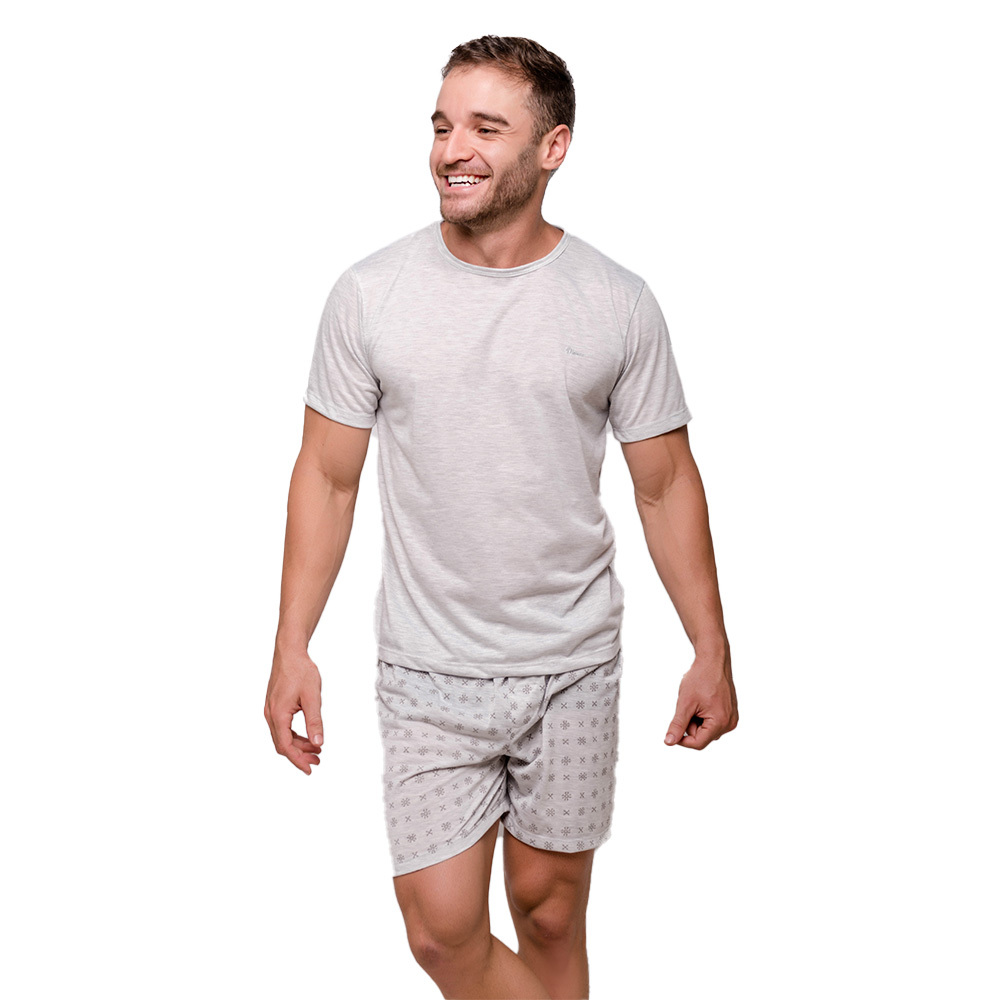 Pijama Masculino Diones com Camiseta Lisa e Shorts Estampado Tecido Meia Malha Confortável