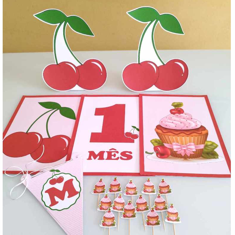 Cereja do bolo, Cerejinha Kit festa na mesa decoração infantil mimo personalizado para aniversário e mesversário