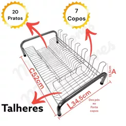 Escorredor De Louça 20 Pratos 7 Copos e Porta Talheres Aço Cromado, Preto e Branco cama luxo