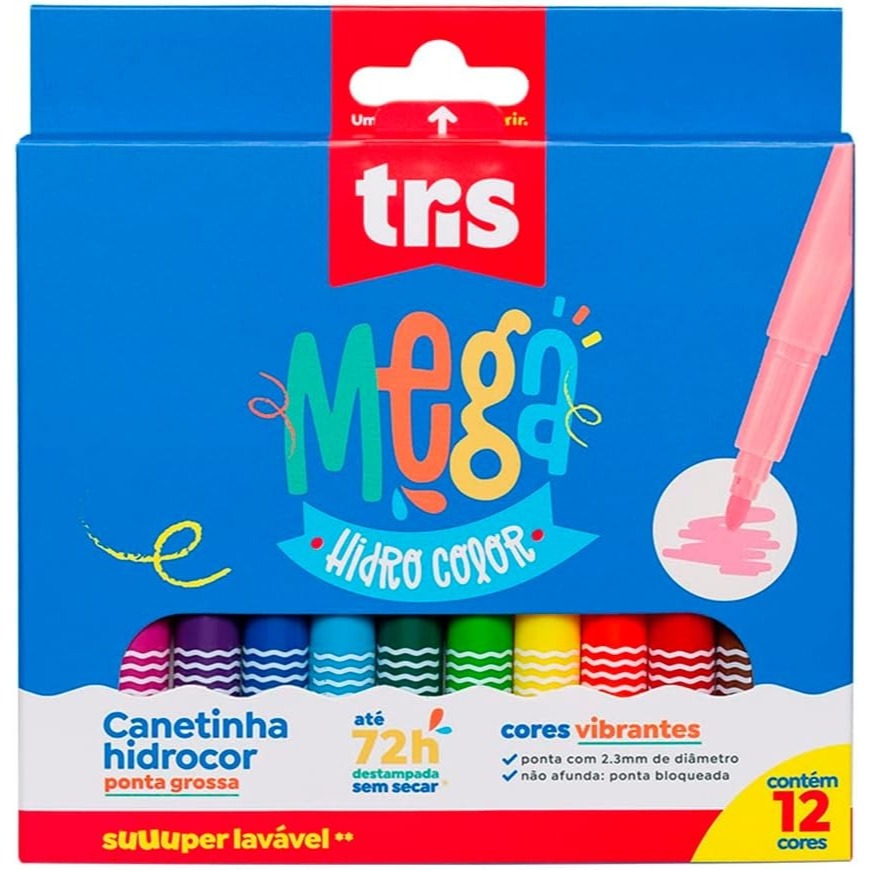 Canetinha Hidrocor Ponta Grossa Mega Hidro Color 12 Cores - Tris