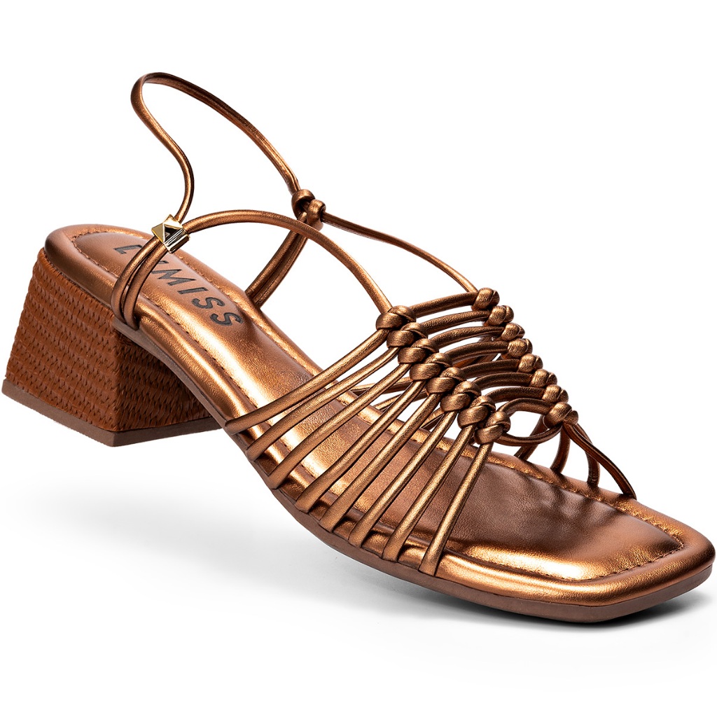 Sandália Feminina Lumiss Salto Bloco Baixo Bico Quadrado Tramado - Women Shoes