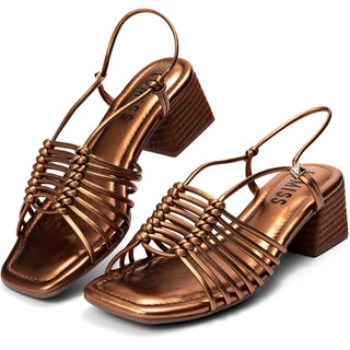 Sandália Feminina Lumiss Bico Quadrado Tramado Salto Bloco Baixo Metalizado Bronze em Oferta na Shopee