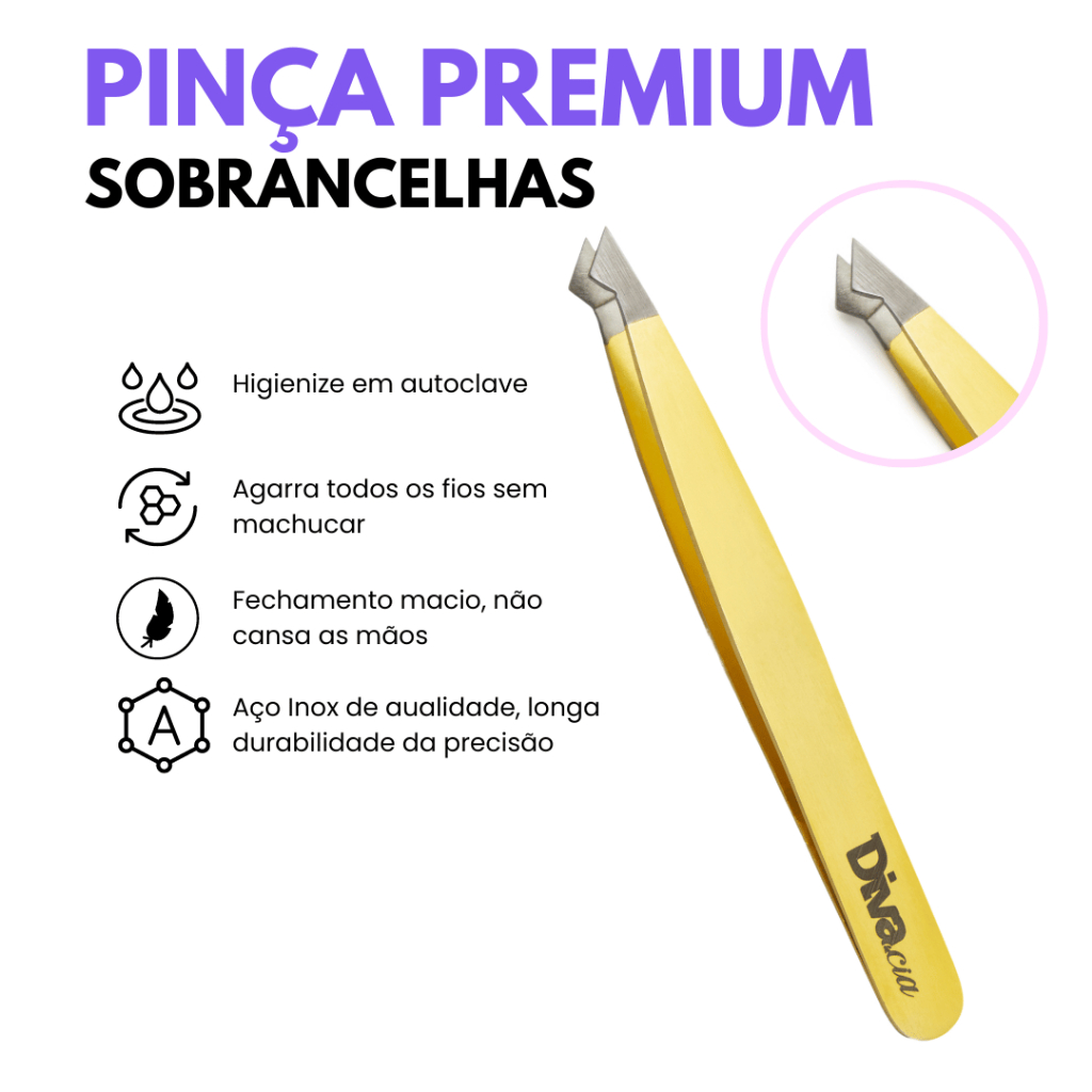 Pinça para Sobrancelhas Ponta Diagonal Premium Design de Sobrancelhas - Autoclavável Diva e Cia
