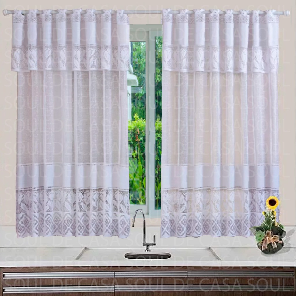 Cortina Renda de Cozinha Com Estampa Floral Tulipa 1,30m x 2,60m - Com Bando 30cm Branca em Oferta na Shopee