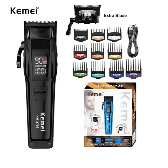Kemei-KM- 2796 Corte de cabelo profissional, Alta velocidade, 9000  RPM novo Display LCD  10W  USB-C em Oferta na Shopee