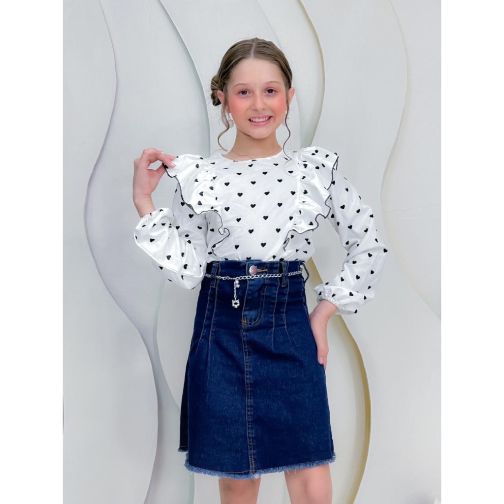 Saia jeans moda evangélica com cinto corrente com pingente de brilho em Oferta na Shopee