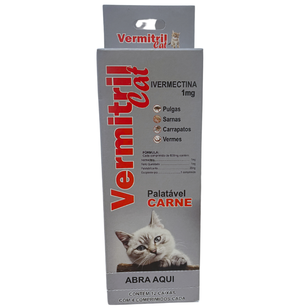 Vermitril GATOS - Anti Pulgas, Carrapatos, Vermes, Sarnas - Caixa master com 48 Comprimidos mastigáveis