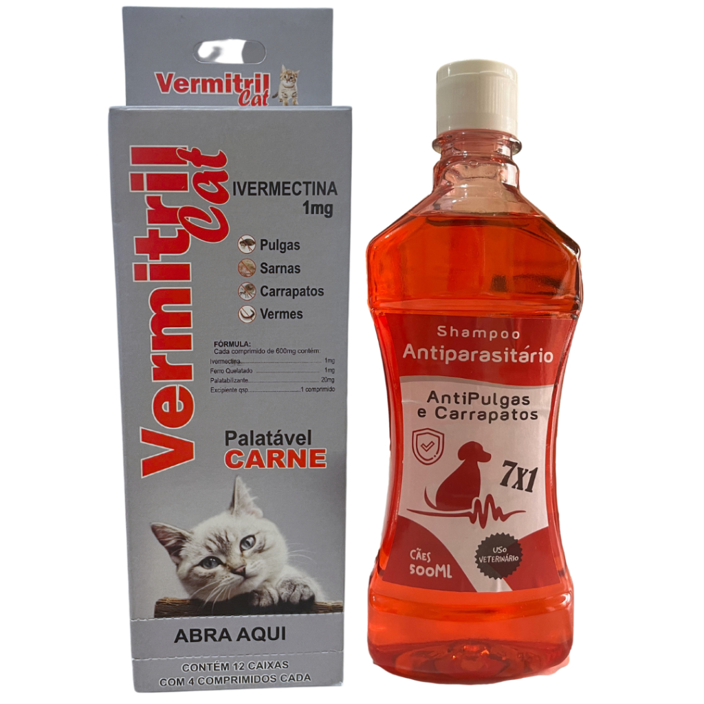 Kit Vermitril GATOS - Anti Pulgas, Carrapatos, Vermes, Sarnas 48 Comprimidos mastigáveis + Shampoo 7 em 1