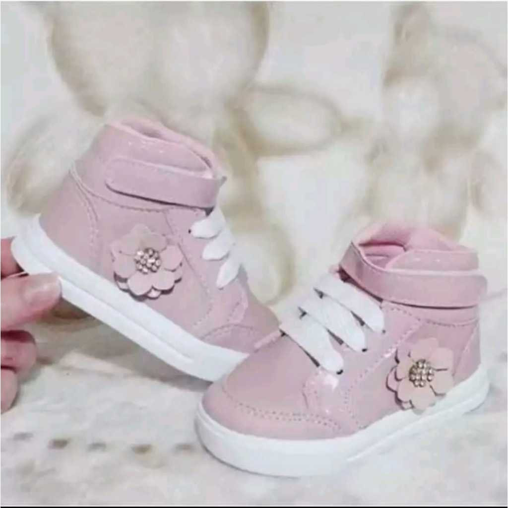 Tenis infantil menina cano alto estilo botinha rosê com flor menina bebê infantil