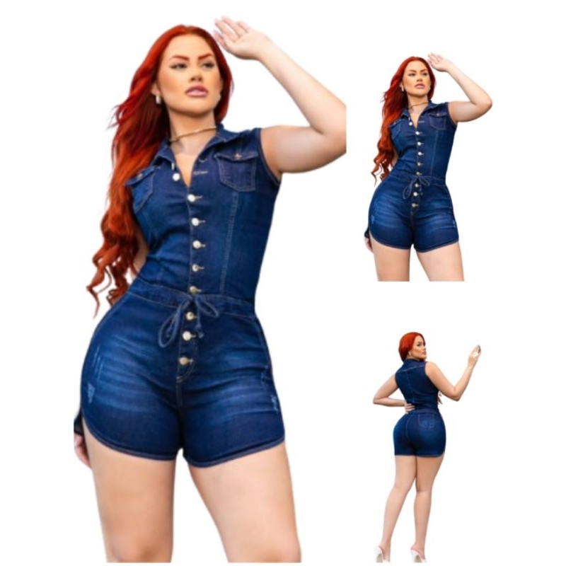 Macacão Jeans Feminino Short Oriente Cintura Alta