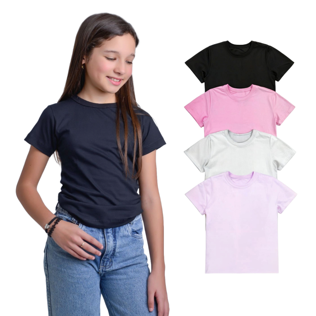 Kit 3 Camisetas Menina Infantil  Manga Curta Básica Lisa Tamanho 2 ao 12, Camisa 100% algodão em Oferta na Shopee