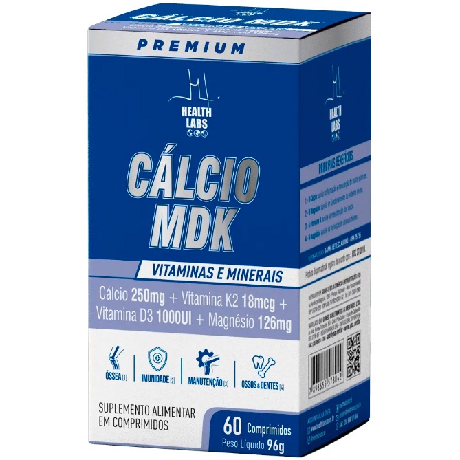 Cálcio MDK + Magnésio + Vit D + Vit K - Pote 60 Comprimidos - Health Labs