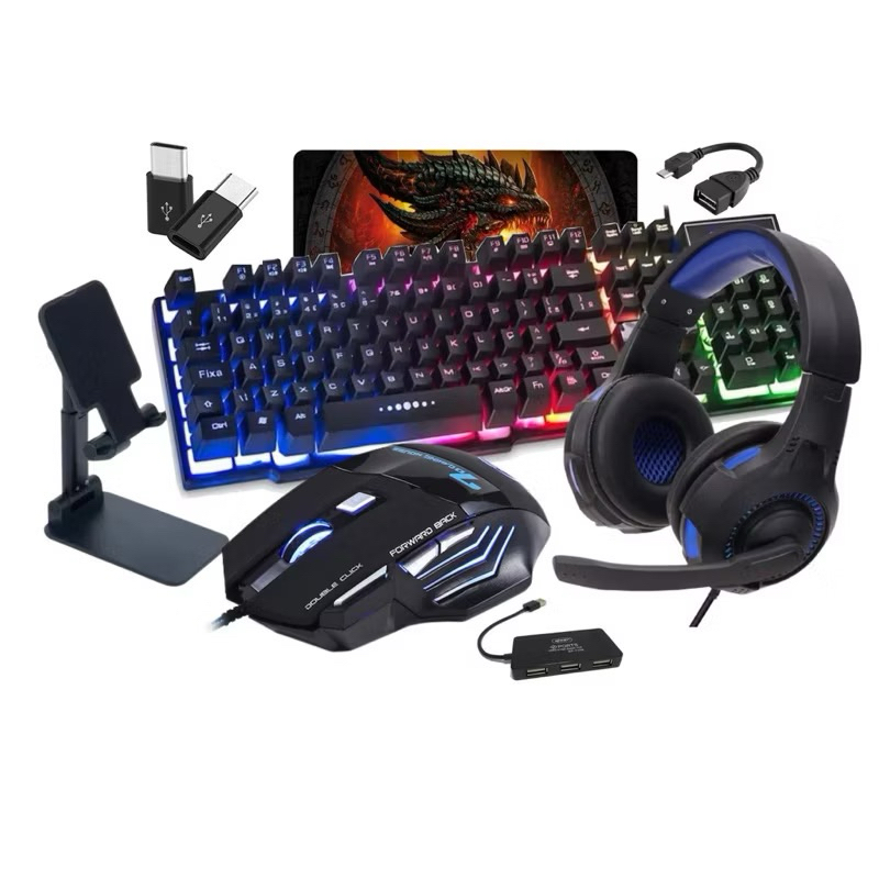 Teclado Led E Mouse Gamer Pc + Kit Cel Mobilador Compreto+ Headset Para Celular e PC