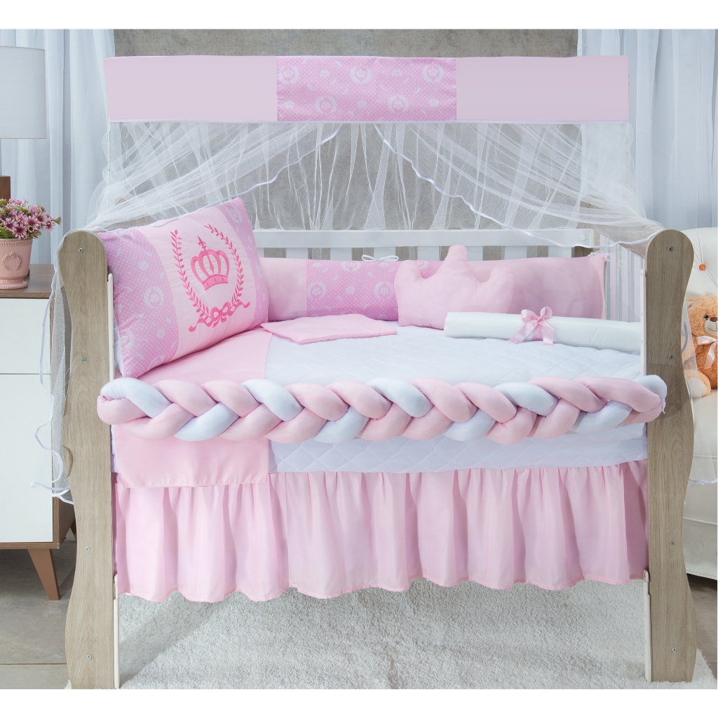 Kit Berço Americano Trança 11 Peças Coroa Rosa Para Bebê Menino e Menina Completo
