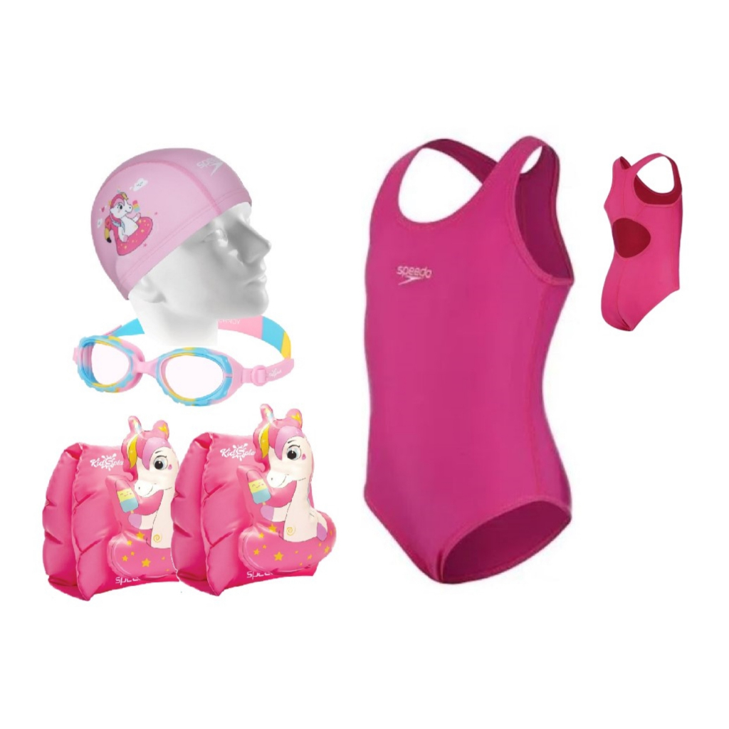 Kit Natação Infantil Speedo Maiô Vital + Óculos Candy + Touca Fun + Boia de Braço