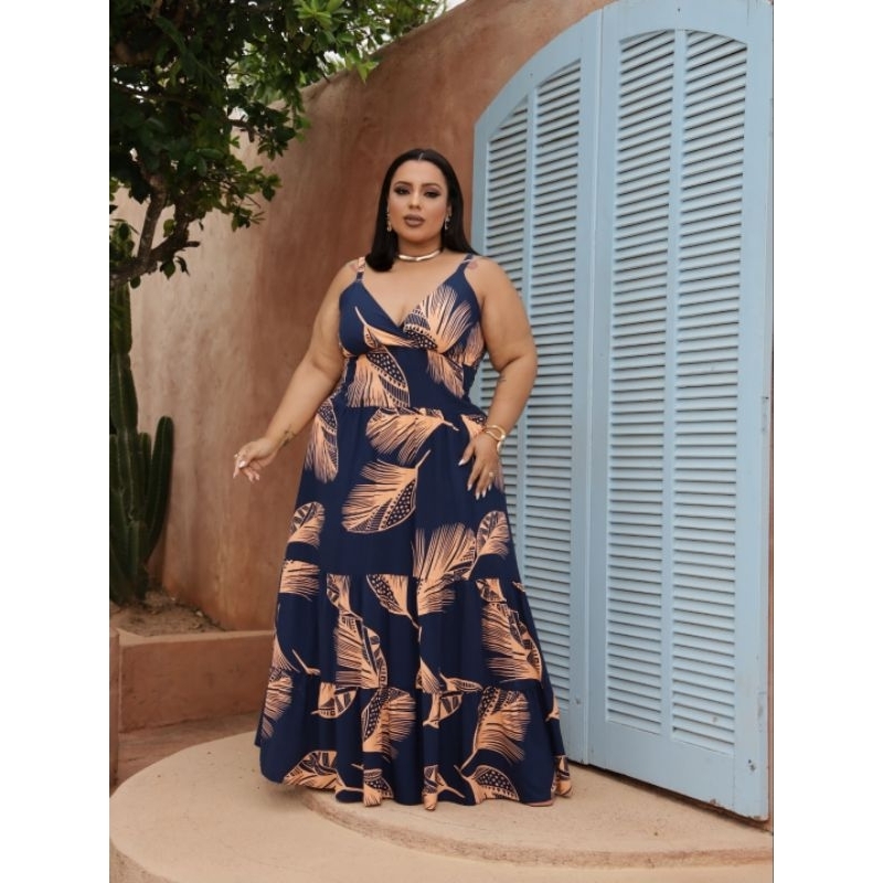 Vestido Longo De Alça Estampado Plus Size