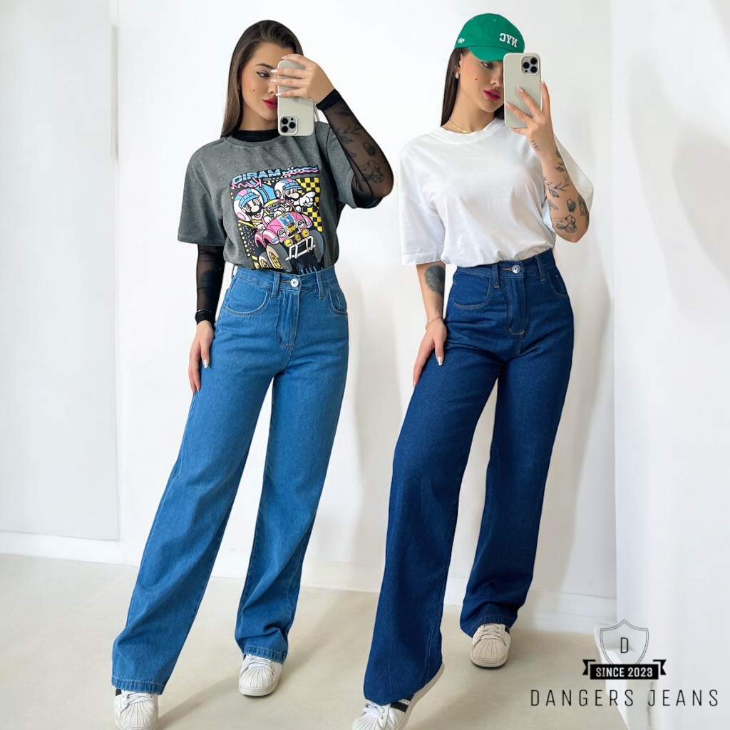Kit 2 Calça Wide Leg Feminina cintura alta 100% algodão