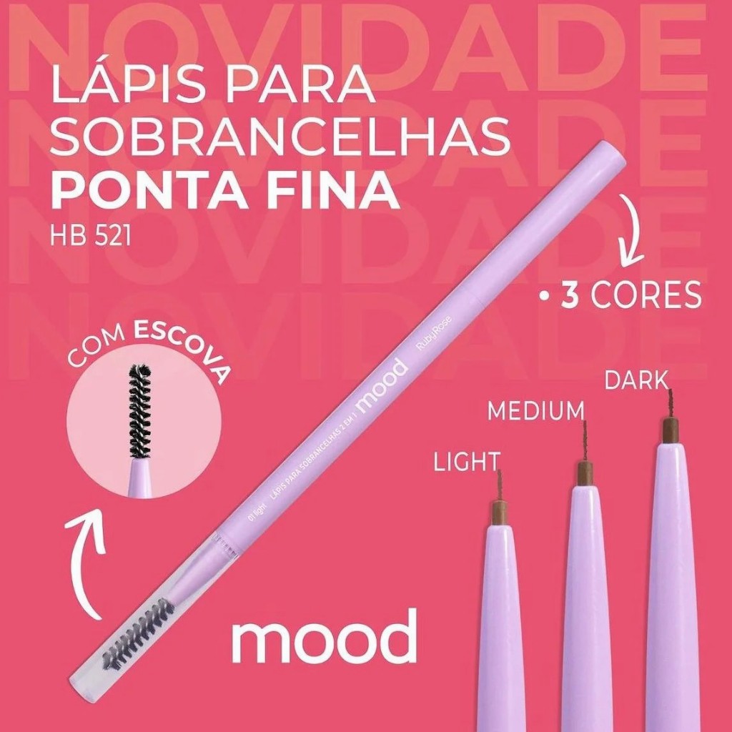 Lápis para sobrancelhas 2x1 ponta chanfrada e ponta escova mood ruby rose