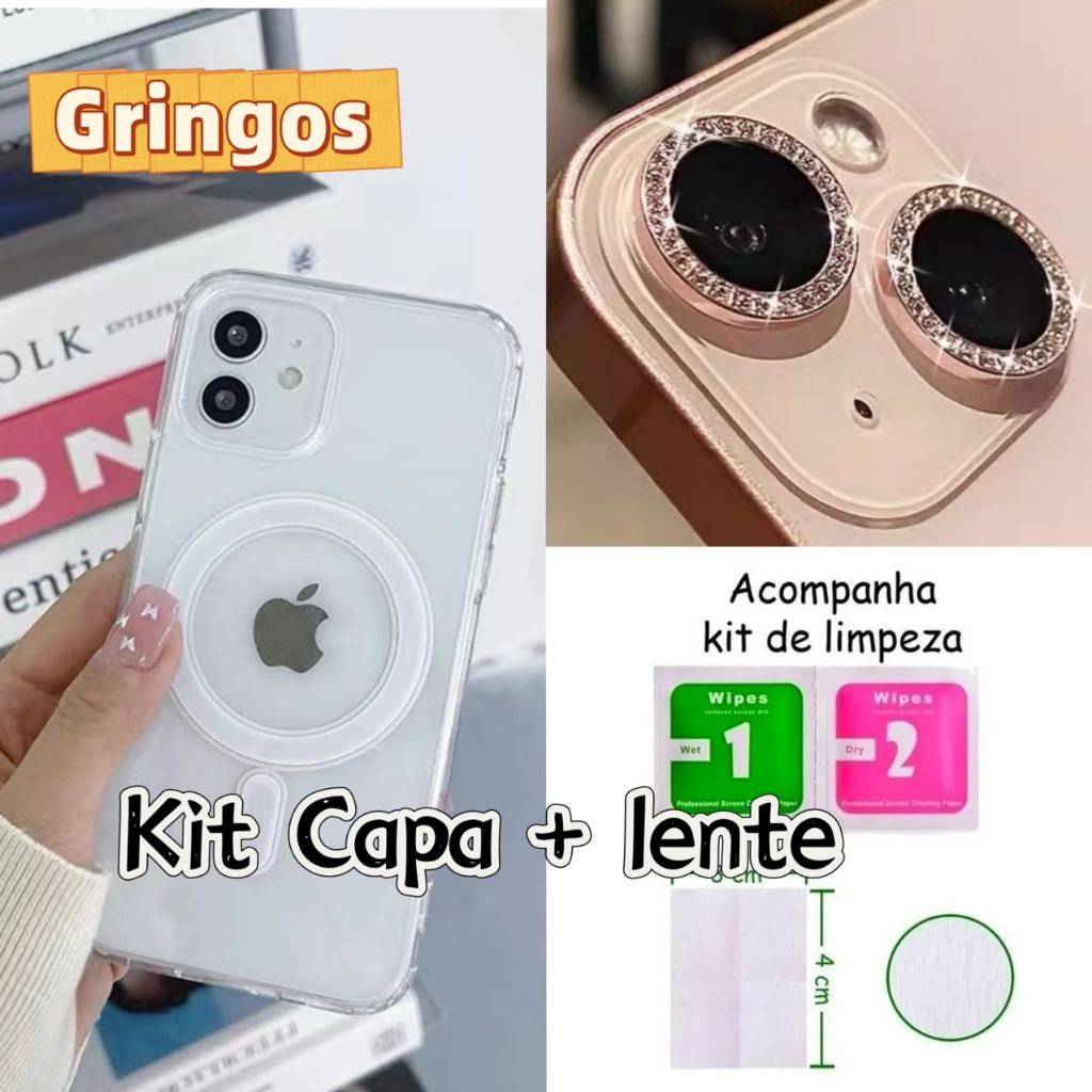 Capa capinha pra carregador sem fio MagSafe Transparente +Kit Lente Película De Câmera brilho Para Iphone11/12/13/14/15/16