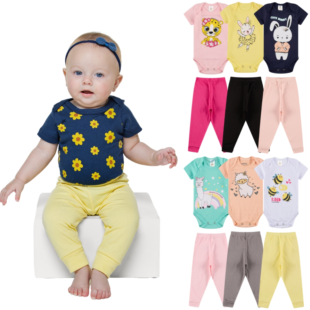 Kit 10 Peças de Roupas para Bebê Menina (5 Body Curto + 5 Calça Mijão)Kit 5 Body Roupa Inf...