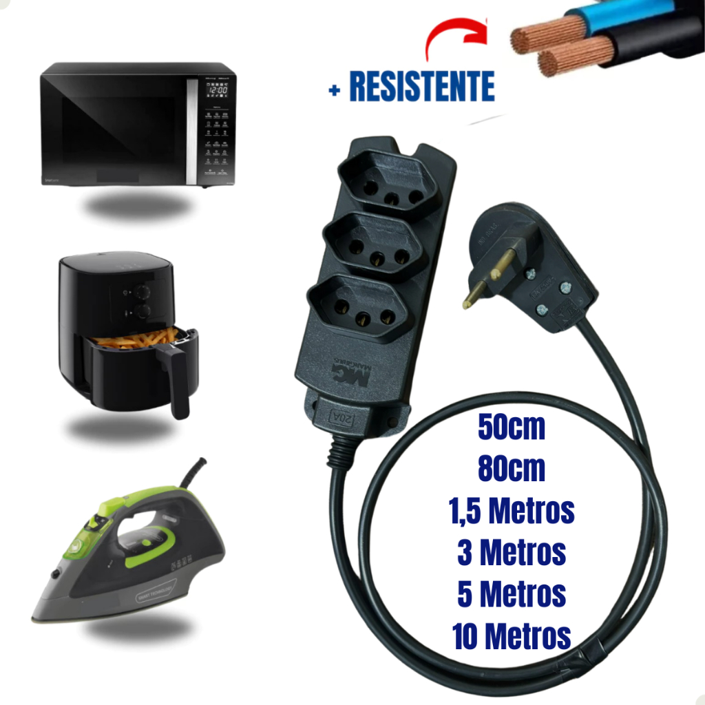 Extensão De 3 Tomadas 10/20 Amperes Com Desconto 150cm/80cm/1,5/3/5/10 Metros