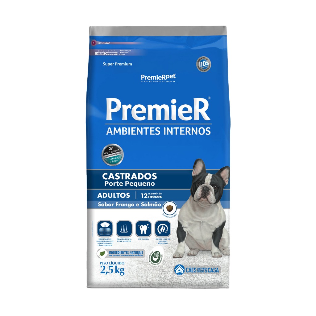 Ração Premier Ambientes Internos Cães Castrados Porte Pequeno Sabor Frango e Salmão 2,5kg - Pets