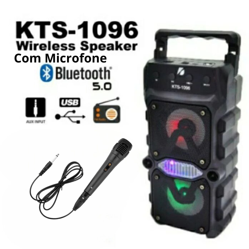 Caixa de Som Bluetooth Potente Microfone Karaoke USB Micro SD Radio FM Kts 1096 em Oferta na Shopee