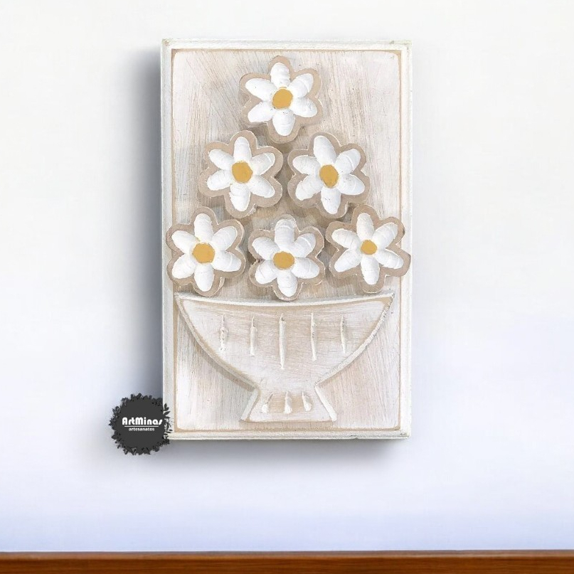 Quadro de flores 3D - branco varanda em madeira artesanal rústica em Oferta na Shopee