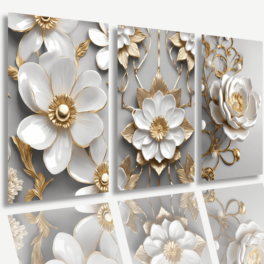 Quadros Decorativos Abstrato 3 Peças Flores Brancas e Douradas De Porcelanato Grande, Sala Quarto