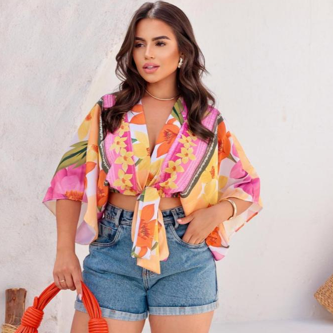 Blusa cropped manga morcego amarração manga larga japonesa nozinho moda blogueira tendência