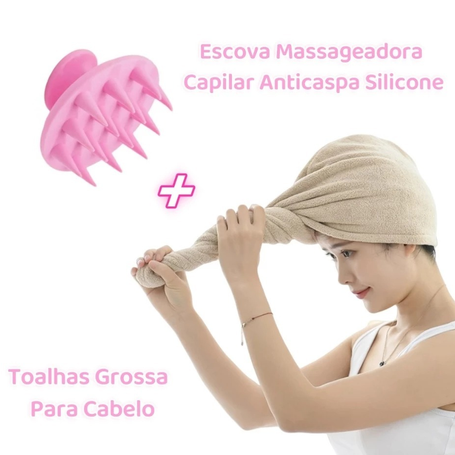 Kit Toalhas Grossa Para Cabelo Secar Rápido + Escova Massageadora Capilar Anticaspa Silicone