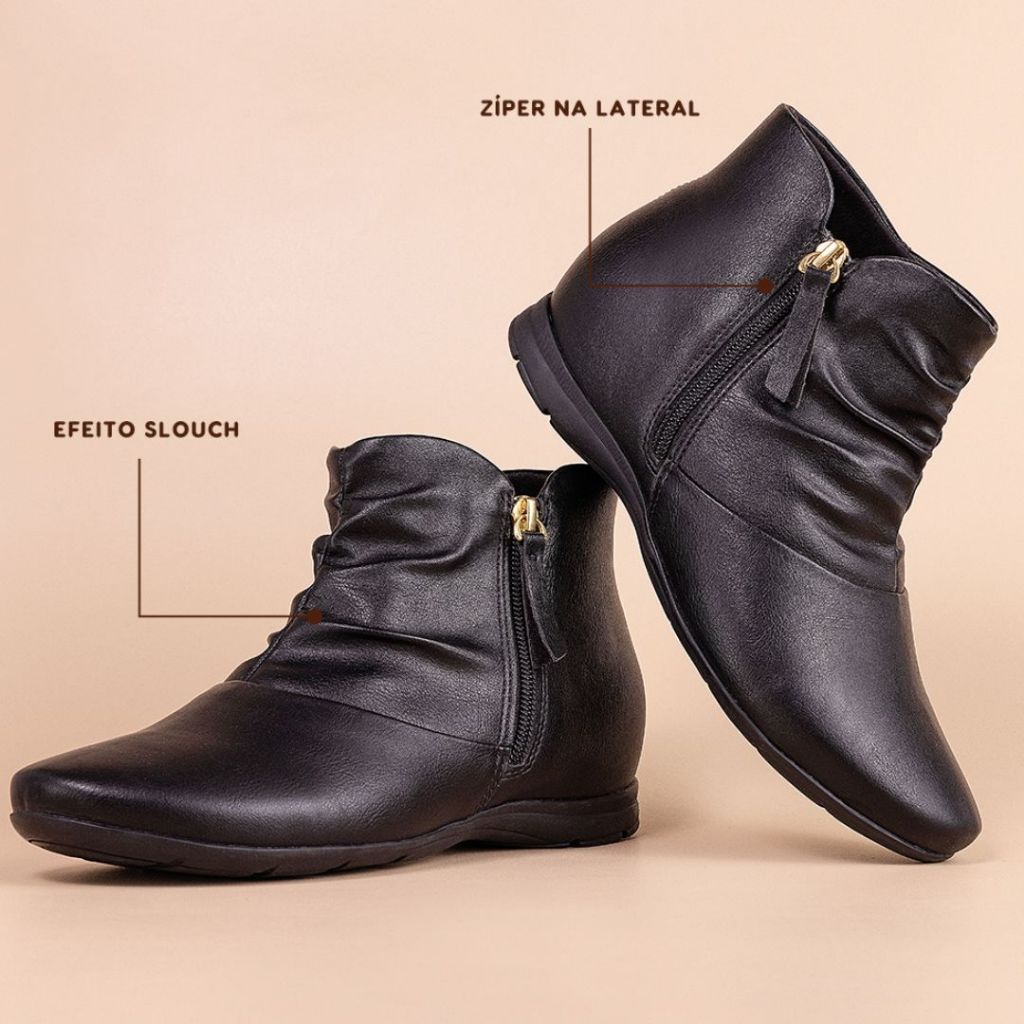 Detalhes do Bota Feminina Cano Curto Franzido Comfortflex Preta 2491302-1