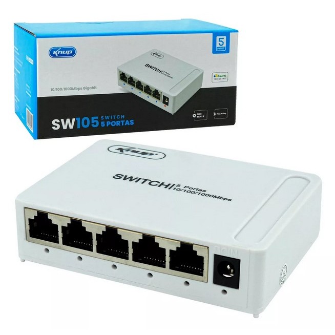 Switch 5 Portas Rj45 Gigabit Rede 10/100/1000mbps Hub ETHERNET fonte Bivolt 110/220V Automática knup