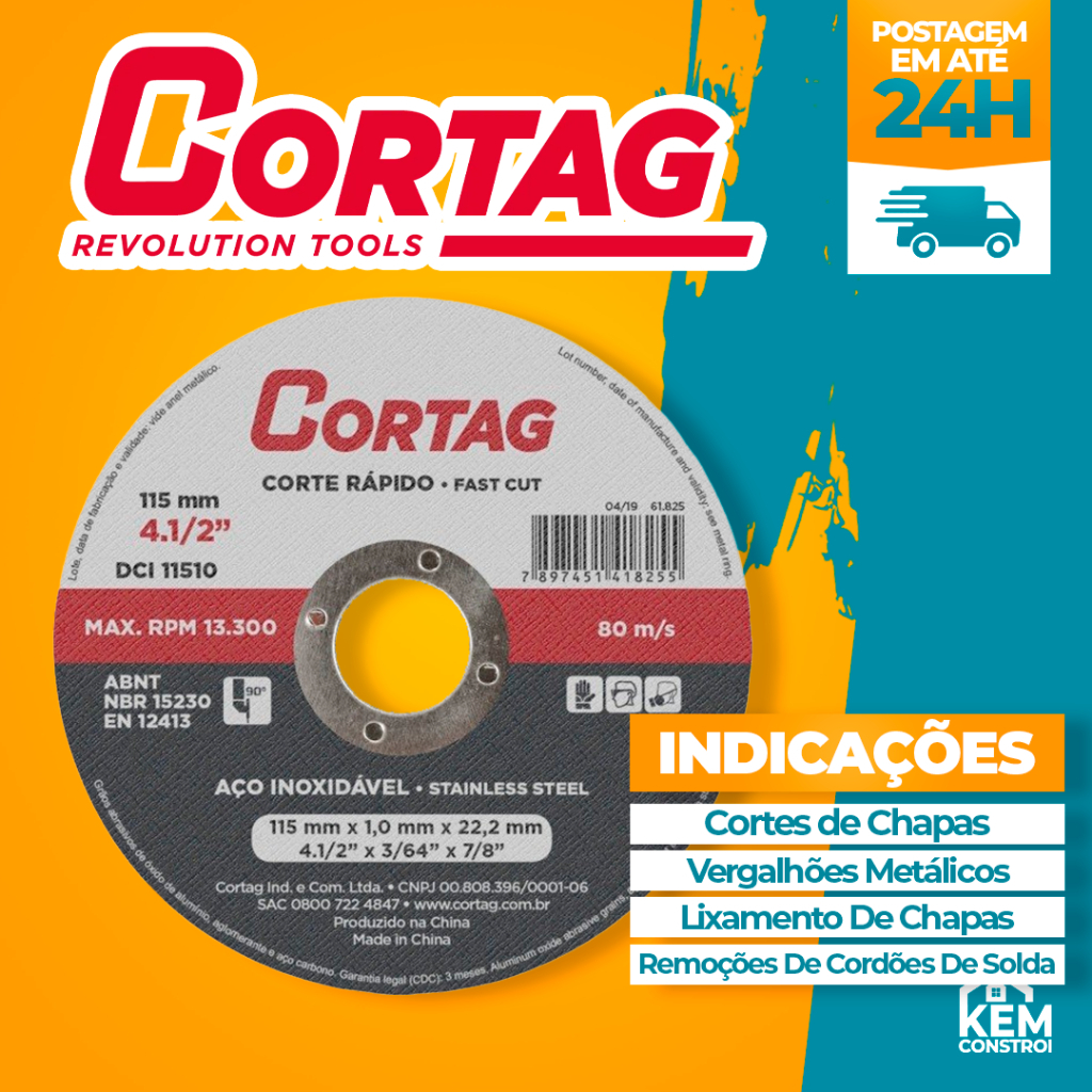 Kit Disco de Corte Fino Ferro e Inox 4.1/2x1,0mm Cortag Esmerilhadeira Profissional