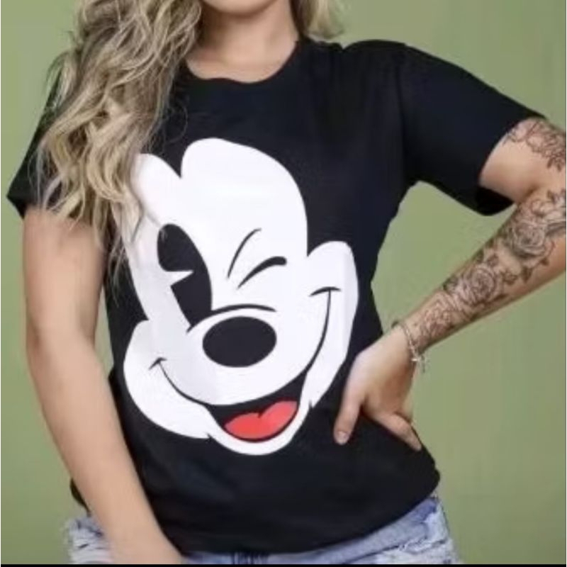 Camiseta Mickey piscando, camiseta estampada unissex, camiseta feminina e masculina de alta qualidade 100% algodão