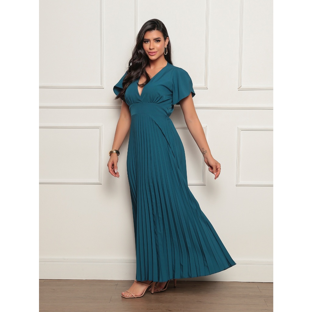 chicshine moda feminino Vestido comprido plissado festa gola V/cintura cós com elástico em Oferta na Shopee