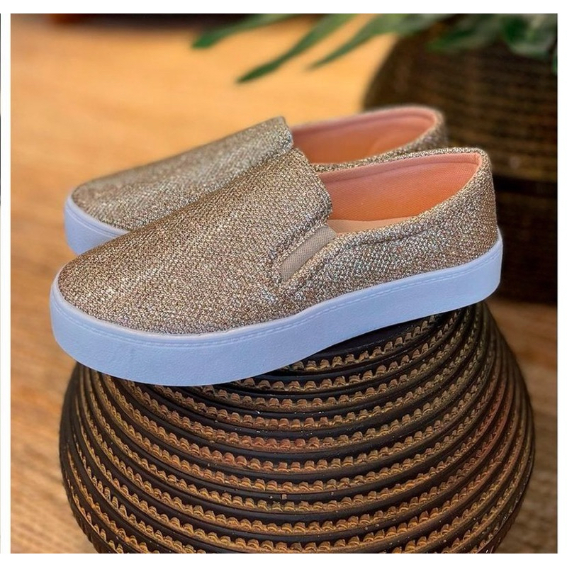 Tênis Sapatenis Slip On - Gliter Dourado onça