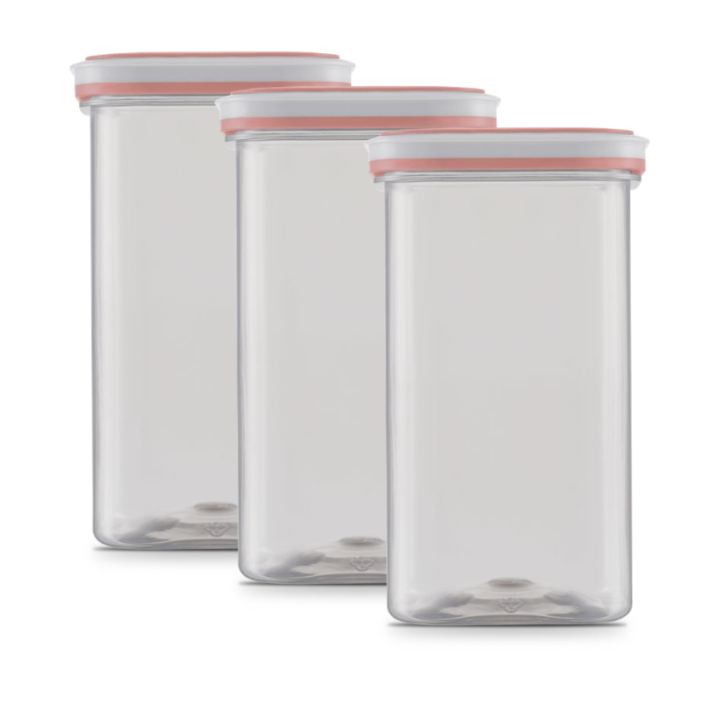 Kit 3X Potes Herméticos com 1500ml Quadrado Rosa Plástico para Mantimentos Vedação Máxima Transparente Tampa Hermética detalhe Rosa