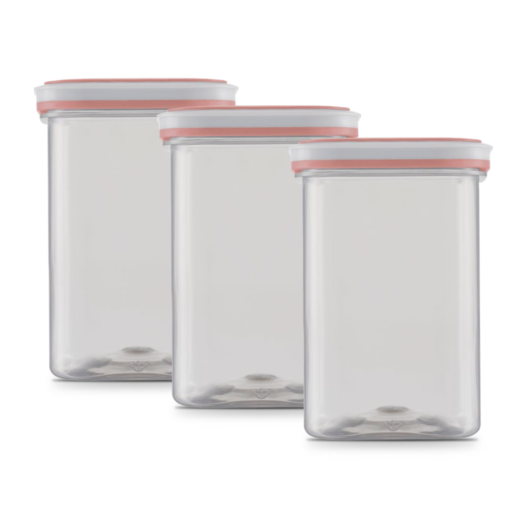Kit 3X Potes Herméticos com 2000ml Quadrado Rosa Plástico para Mantimentos Vedação Máxima Transparente Tampa Hermética detalhe Rosa