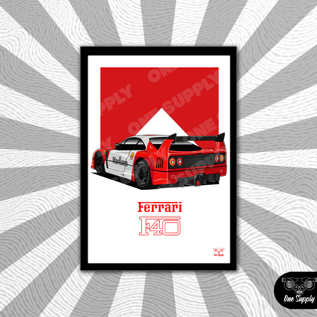 Quadro Decorativo Ferrari F40 Quadros 21x30cm (A4) com moldura e vidro ou Chapa MDF 3mm