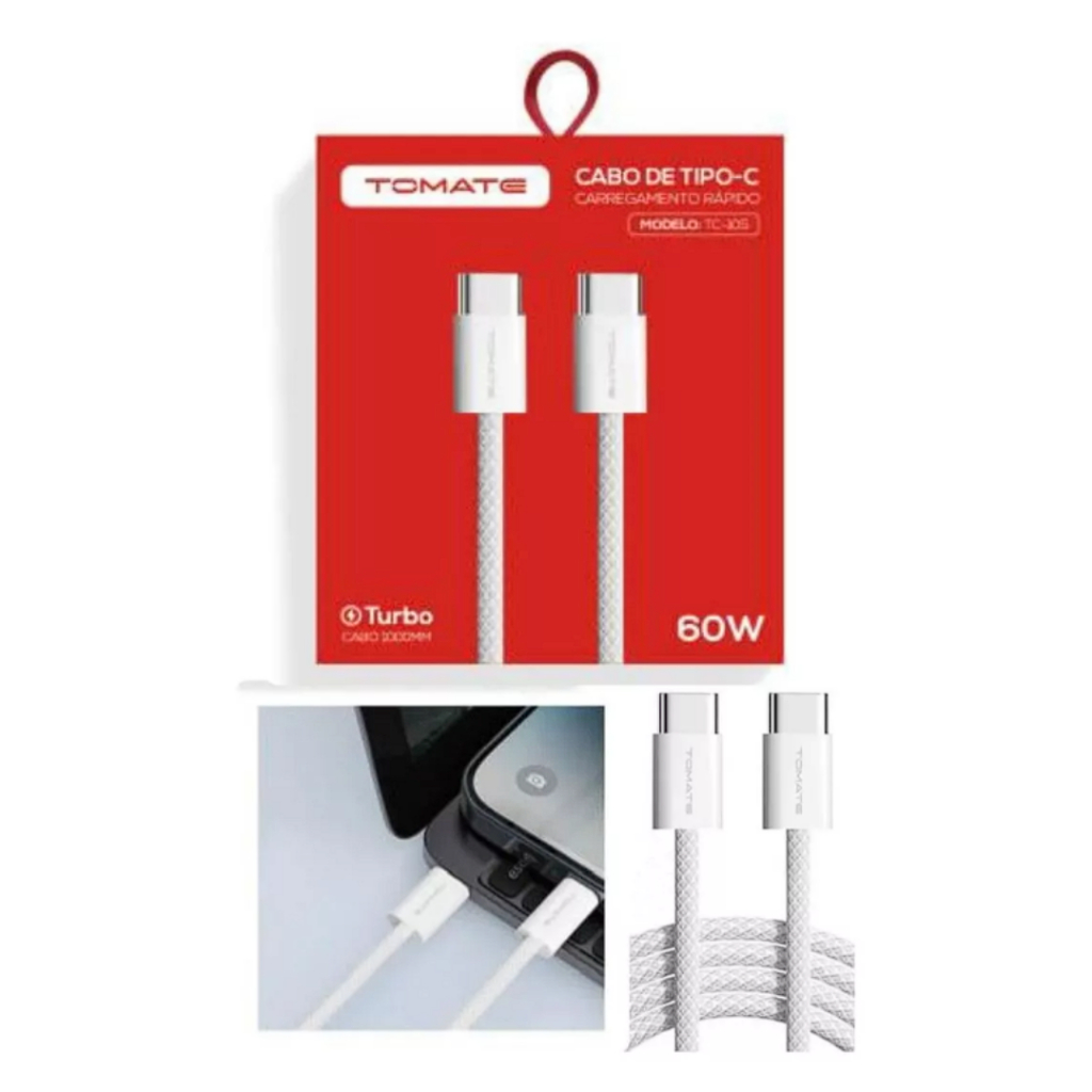 Cabo USB Tipo C Turbo 60W Tomate TC-105 - Carregamento Rápido e Seguro, Transferência de Dados de Alta Velocidade, 1 Metro, Conectores USB-C Duplos, Compatível com Smartphones, Tablets e Laptops - Alta Durabilidade e Design Moderno Turbo de 60W