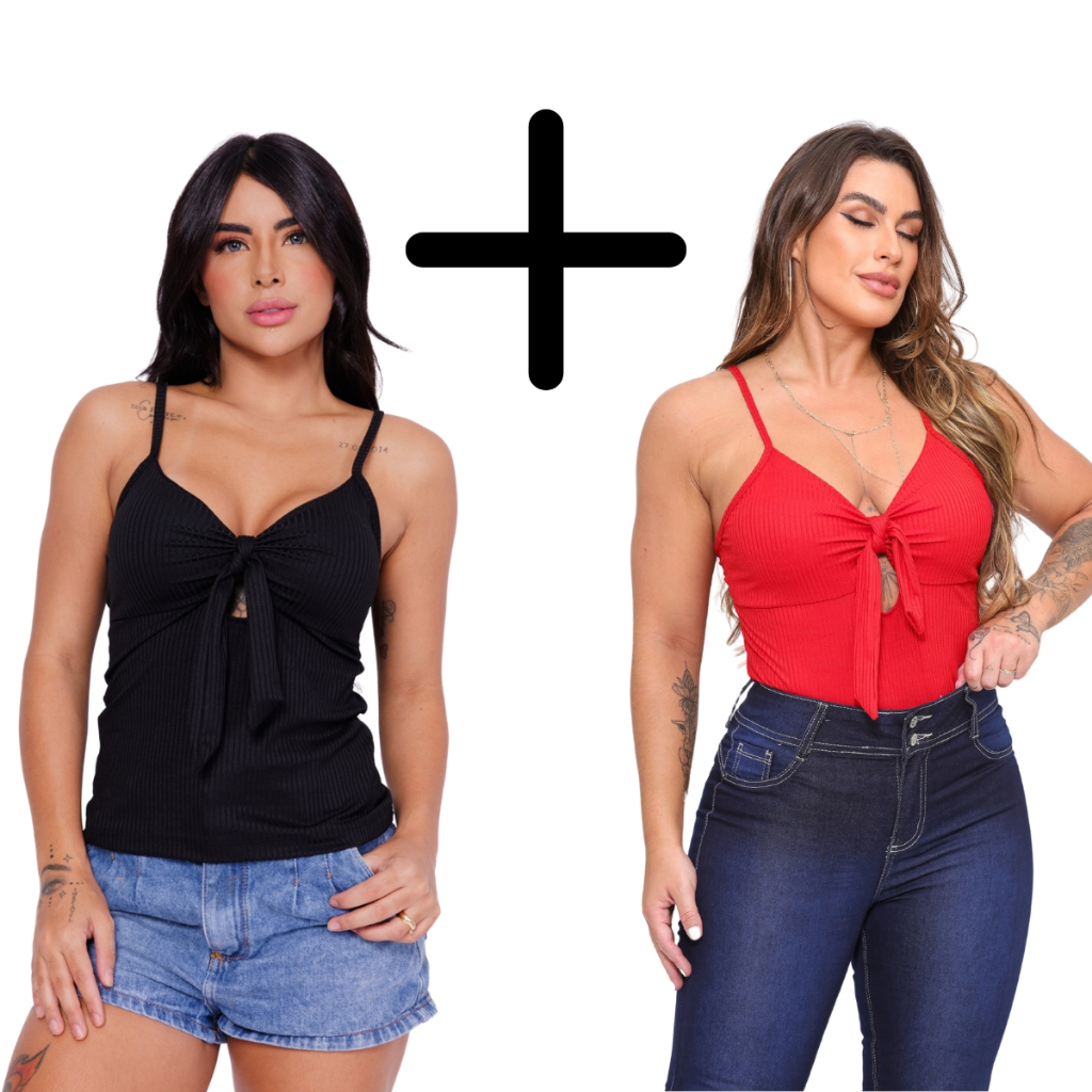 Kit 2 Blusas Feminina com Bojo de Alcinha Regata Alça Cropped Feminino Canelado Blusinha Básica Laço