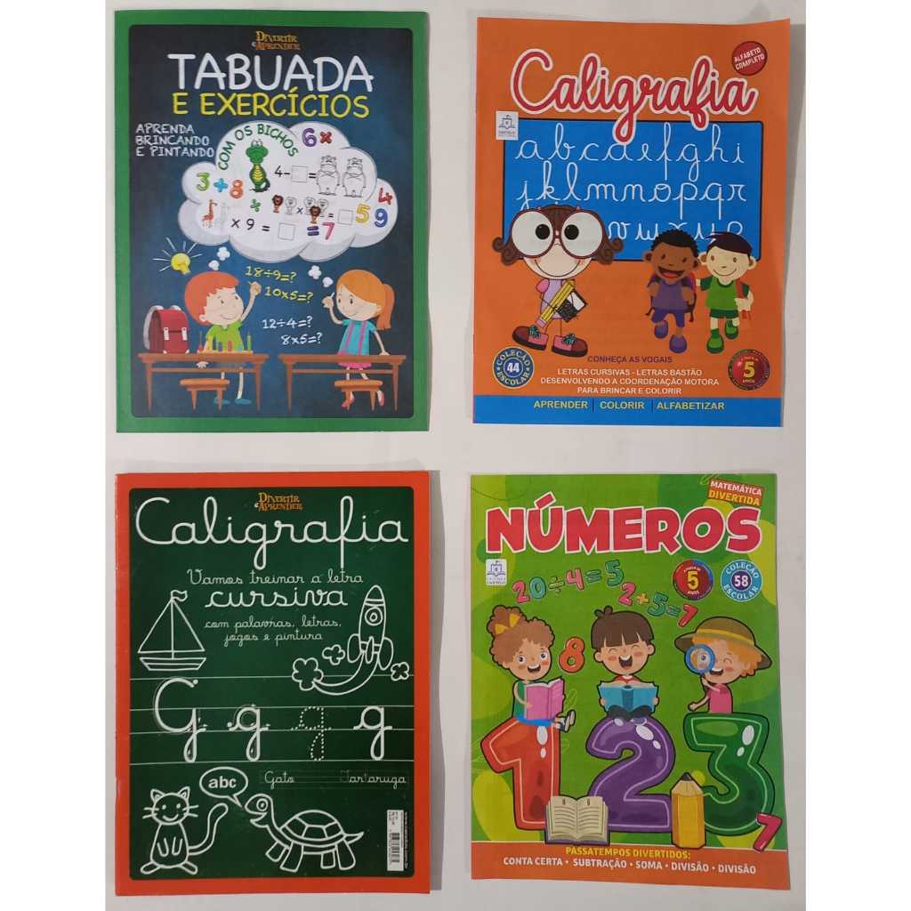Kit Escolar 4 Revistas Livros Caligrafia Letra Cursiva, Caligrafia Letra Bastão, Números e Tabuada..Atividades Escolares